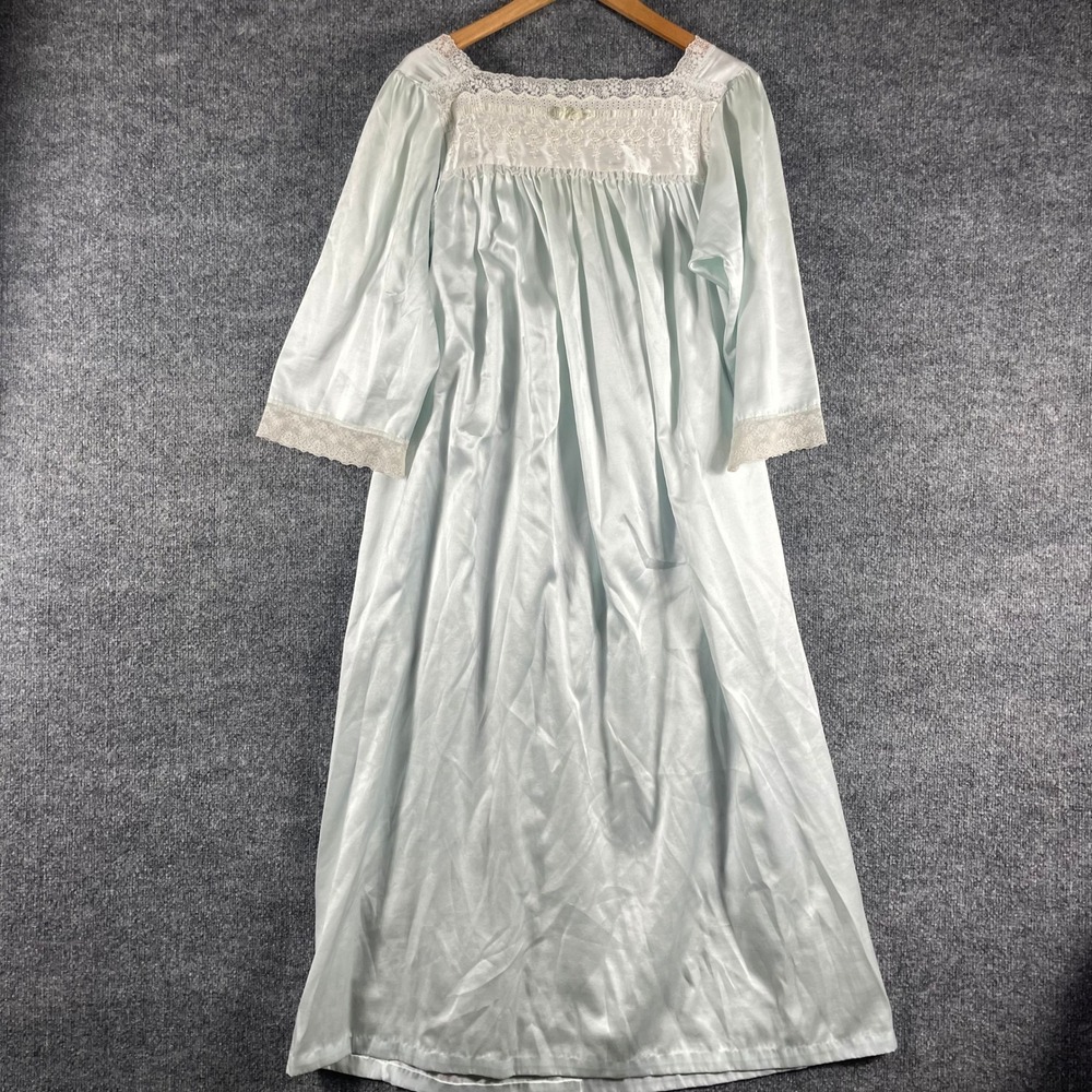 Vintage Christian Dior Nightgown Womens Large Blue Lace Trim Satin Sleepwear